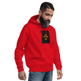 Red unisex hoodie with hood, front pocket, and chest print graphic