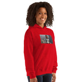Red unisex hoodie with hood, front pouch pocket, and chest graphic.