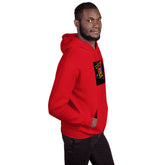Red unisex hoodie angled view with chest graphic logo patch, hood, and front pocket