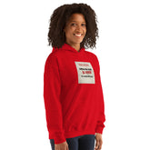 Red hoodie angled front view with chest graphic patch and kangaroo pocket