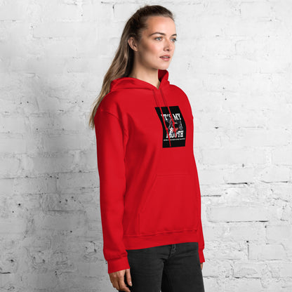 Red unisex hoodie with hood and front pocket, chest logo graphic print