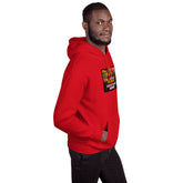 Red unisex hoodie with chest graphic, hood, and kangaroo pocket (angled)