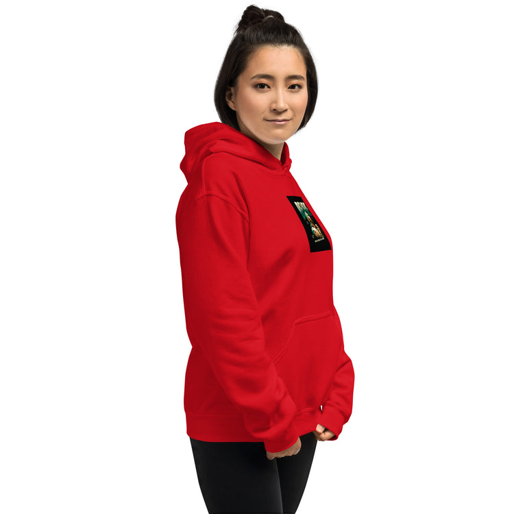 Red unisex hoodie with chest graphic, hood and front pocket