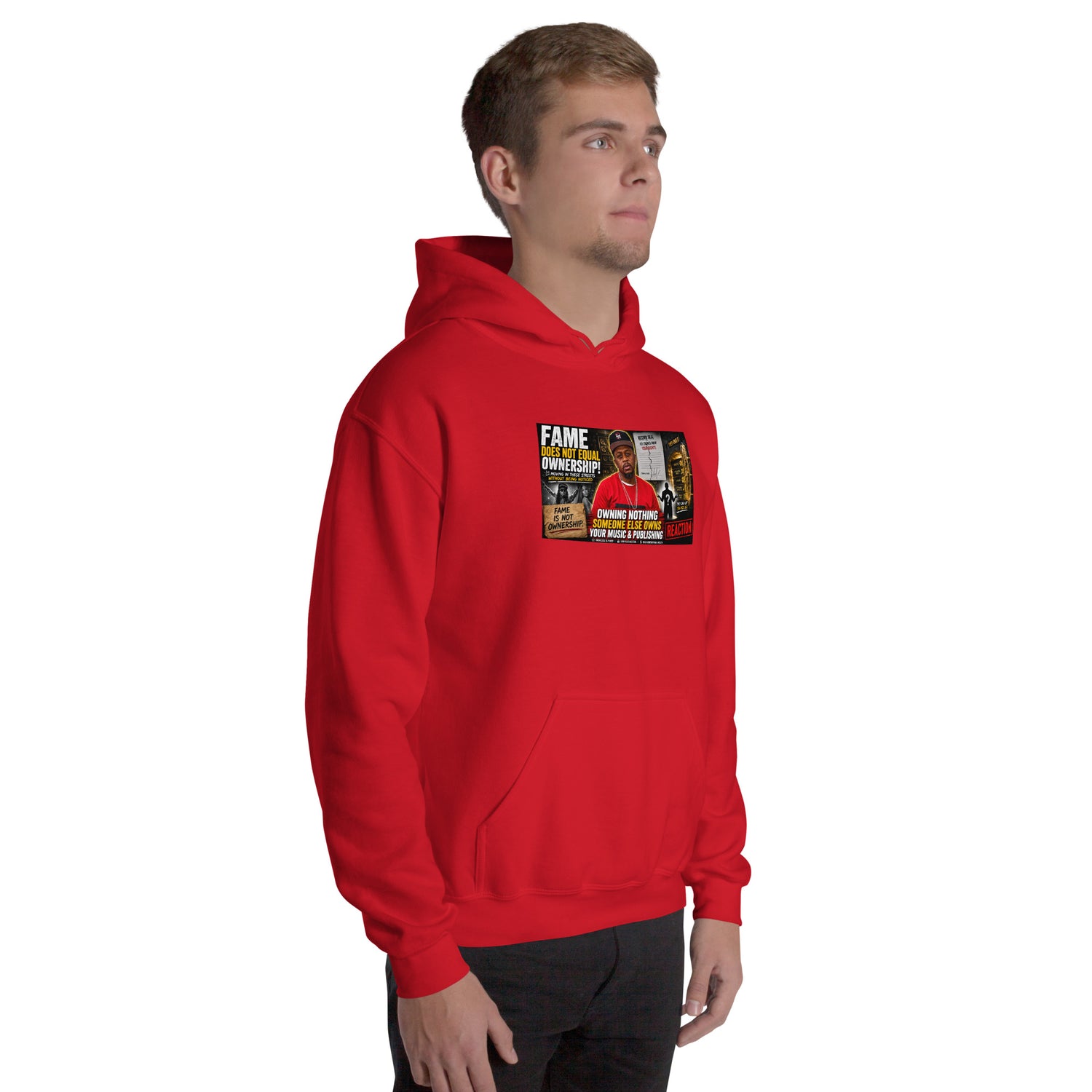 Red unisex hoodie with hood, kangaroo pocket, and chest graphic print