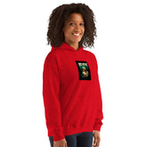 Red pullover hoodie with hood and front graphic patch.