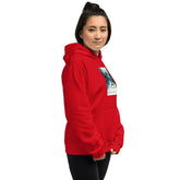 Red pullover hoodie with hood and chest square graphic, side front view