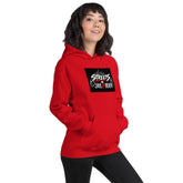 Red unisex hoodie with centered graphic logo, hood, and kangaroo pocket