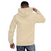 Beige hoodie with hood up and kangaroo pocket, back view.