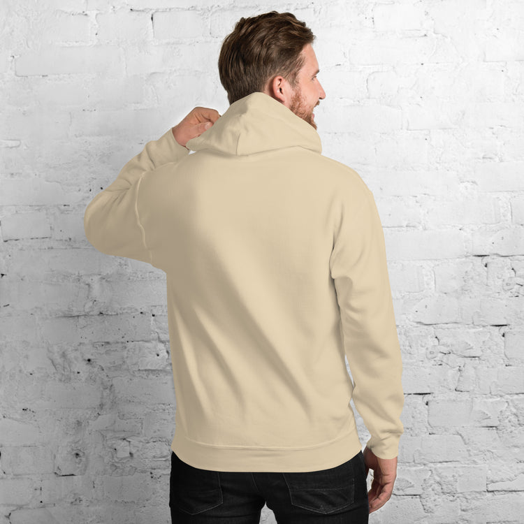 Light sand unisex pullover hoodie, back view with kangaroo pocket and hood