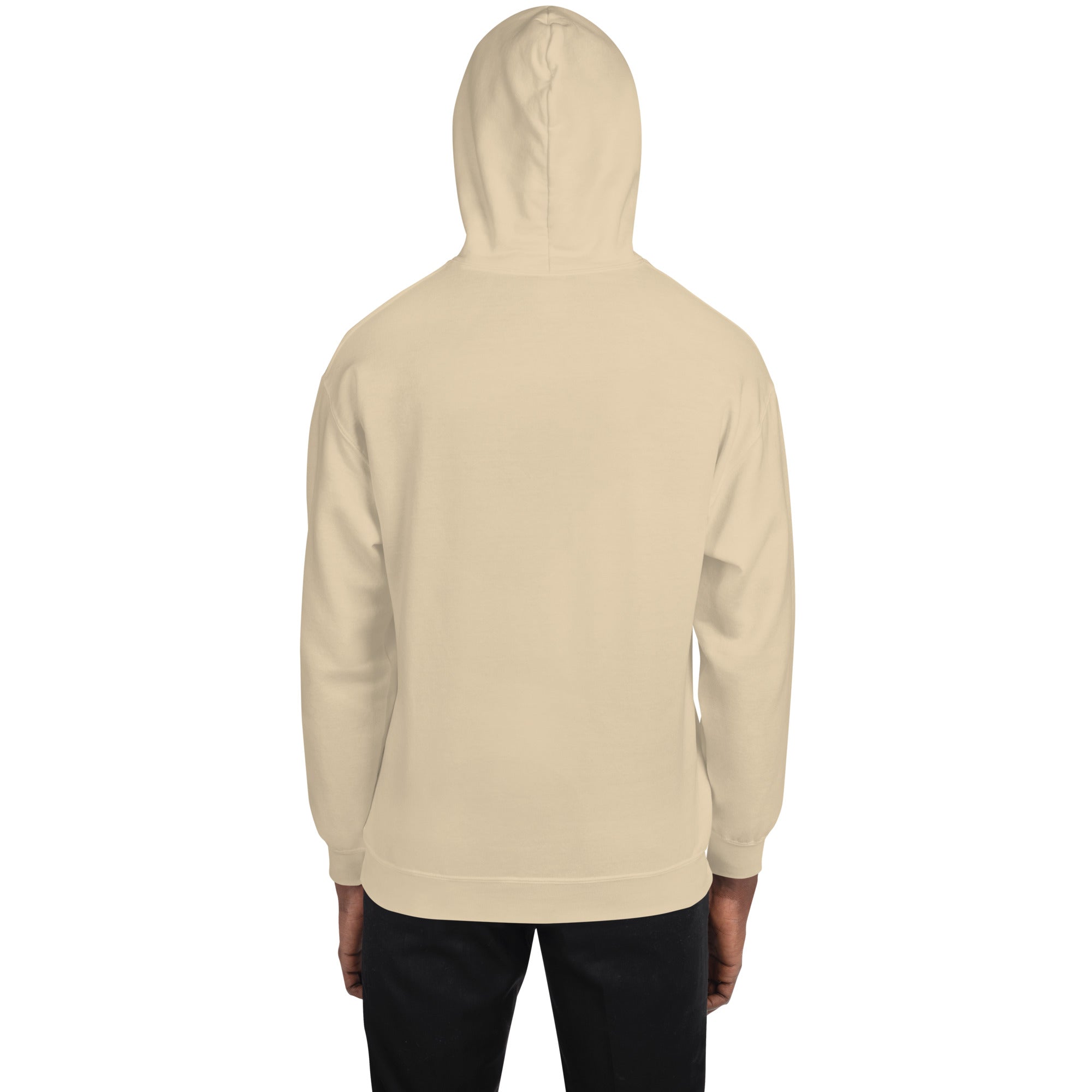 Light beige unisex hoodie, back view with hood and relaxed fit