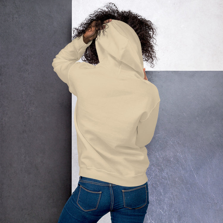 Cream unisex hoodie with hood and front pouch pocket, back and side view.