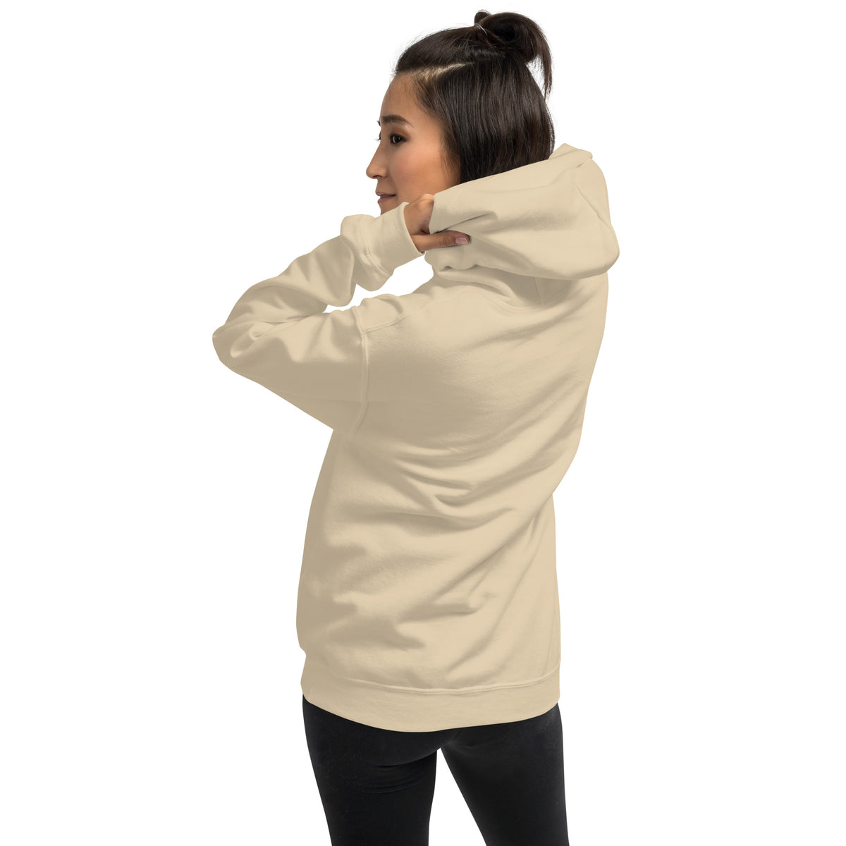Light sand pullover hoodie, back view with hood and kangaroo pocket