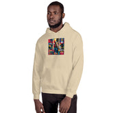 Cream unisex hoodie with front hood and colorful square chest graphic