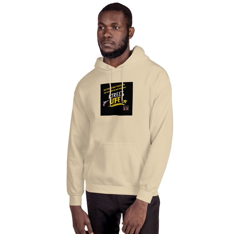 Beige unisex hoodie with front hood and chest graphic print, full front view