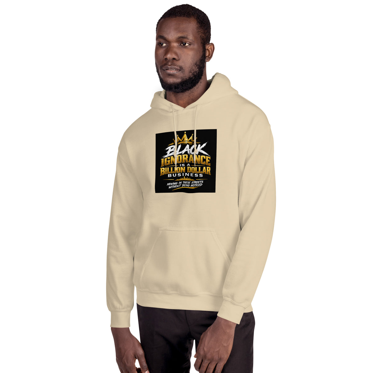 Light beige unisex hoodie with front graphic logo and kangaroo pocket