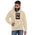 Beige unisex hoodie with front graphic print, pullover hood and kangaroo pocket.