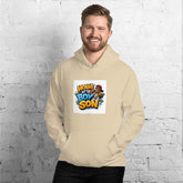 Unisex cream hoodie with front graphic print, kangaroo pocket, hood