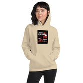 Unisex beige hoodie with hood and front chest graphic, kangaroo pocket