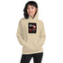 Unisex beige hoodie with hood and front chest graphic, kangaroo pocket