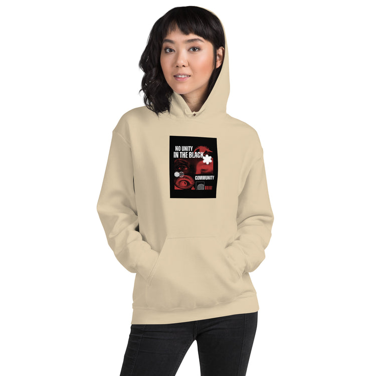 Unisex beige hoodie with hood and front chest graphic, kangaroo pocket