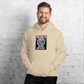 Unisex cream pullover hoodie with front graphic, hood and kangaroo pocket.