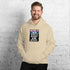 Unisex cream pullover hoodie with front graphic, hood and kangaroo pocket.