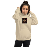 Unisex hoodie in light beige with hood up, front graphic print, and kangaroo pocket