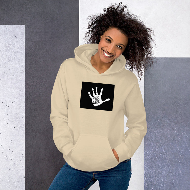 Cream unisex hoodie with hood, kangaroo pocket, and black graphic chest patch