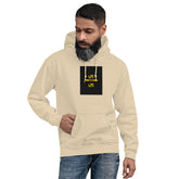 Unisex hoodie in sand/beige with hood and front pocket, front view with black graphic