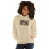 Light cream unisex hoodie with hood, front pouch, and chest graphic print