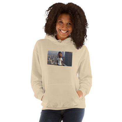 Felpa unisex crema con cappuccio, tasca a marsupio e stampa frontale