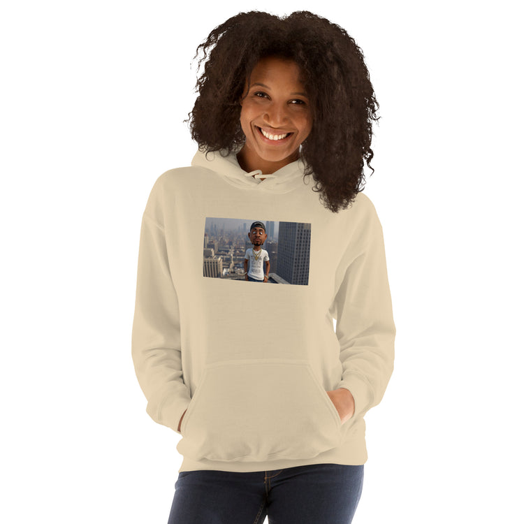 Light beige unisex hoodie with hood, front pocket, and graphic chest print.