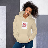 Cream unisex hoodie with hood, front pouch pocket, and rectangular chest graphic.