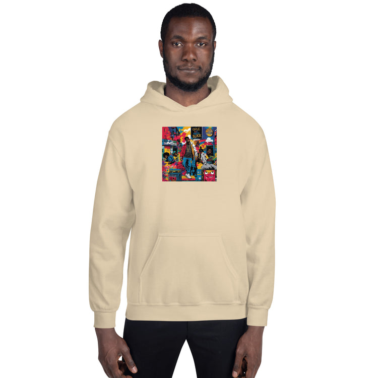 Cream unisex pullover hoodie with colorful chest graphic and kangaroo pocket