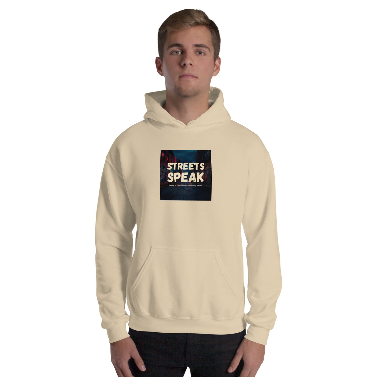 Streets Speak hoodie in Sand, front view with hood and “STREETS SPEAK” logo print