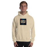 Unisex cream hoodie with hood and kangaroo pocket, front graphic label