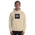 Unisex cream hoodie with hood and kangaroo pocket, front graphic label