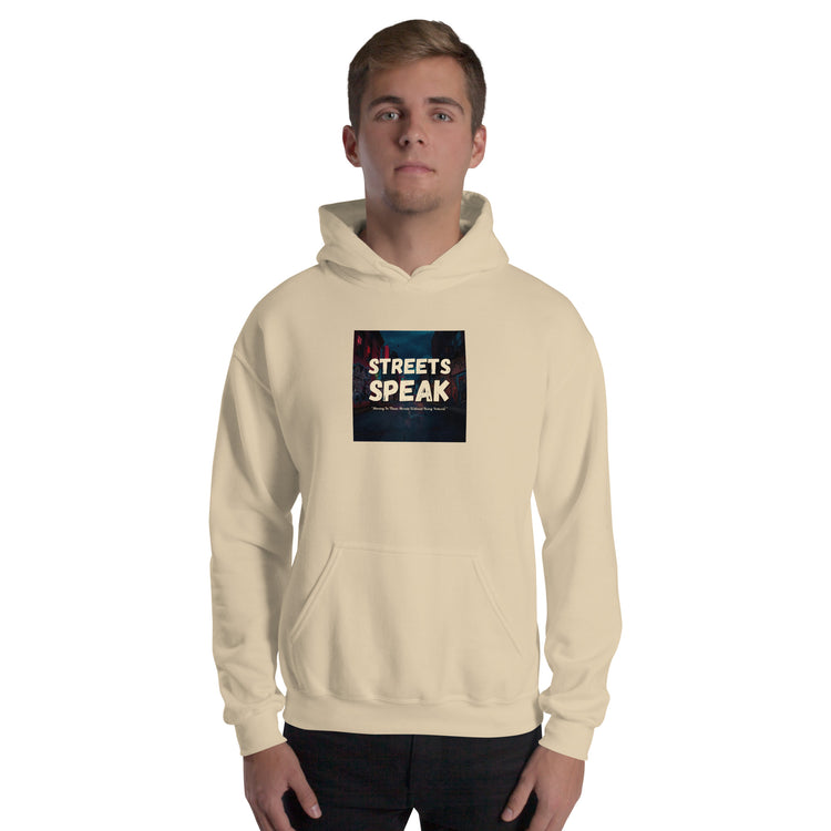 Unisex cream hoodie with hood and kangaroo pocket, front graphic label