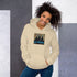 Unisex hoodie in cream/off-white with hood, pouch pocket, and chest logo graphic