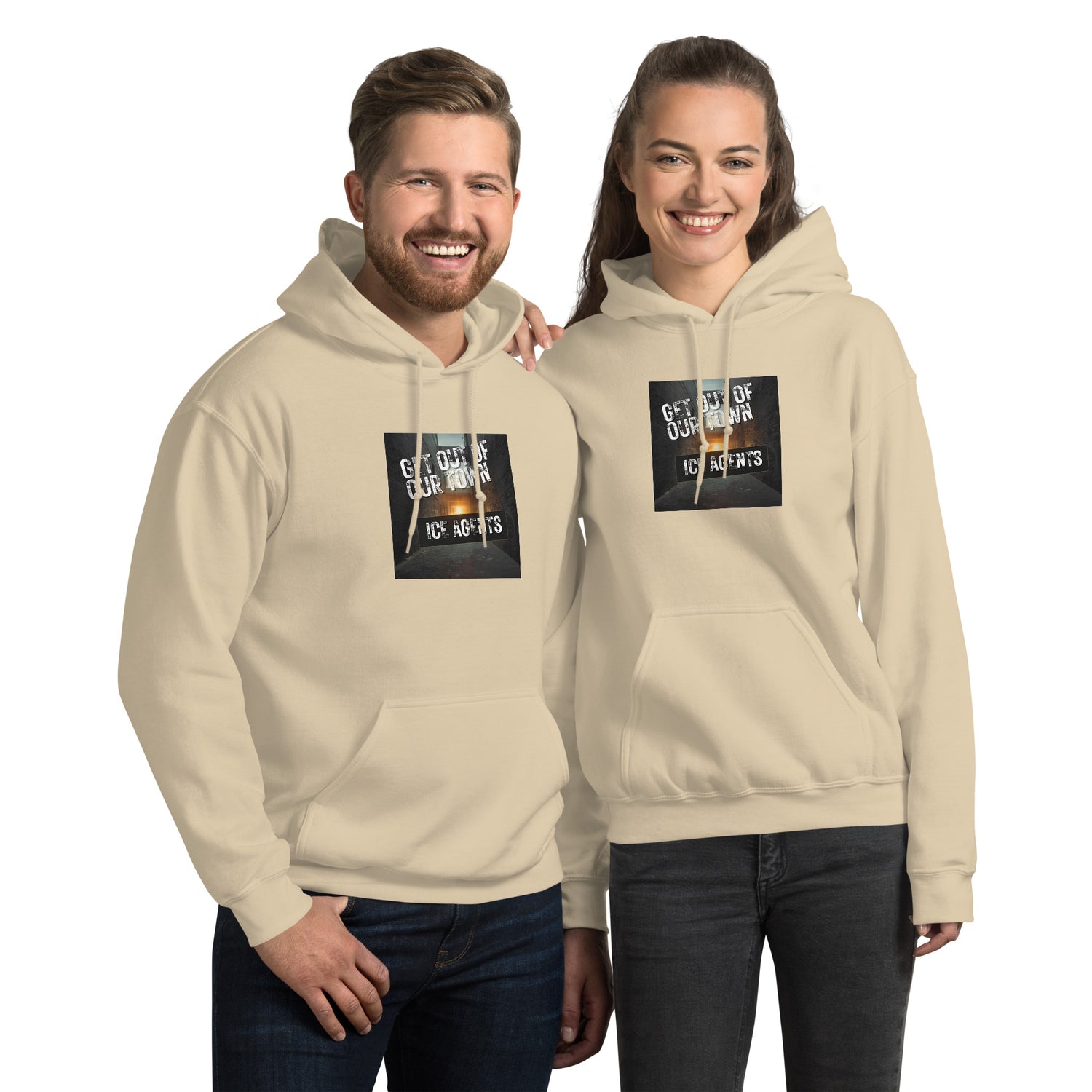 Unisex hoodie in sand with front logo graphic, pullover hood, and kangaroo pocket