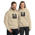 Unisex hoodie in sand with front logo graphic, pullover hood, and kangaroo pocket