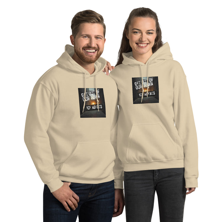 Unisex hoodie in sand with front logo graphic, pullover hood, and kangaroo pocket