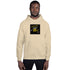 Beige unisex hoodie with centered chest graphic, front view