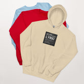 Cream hoodie with front graphic label reading “LYRIC”