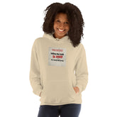 Light cream hoodie with front hood and square chest graphic text