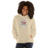 Light cream hoodie with front hood and square chest graphic text