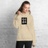Unisex beige pullover hoodie with kangaroo pocket and chest logo patch