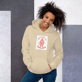 Cream unisex hoodie with hood, front pouch pocket, and chest graphic patch.