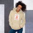 Cream unisex hoodie with hood, front pouch pocket, and chest graphic patch.