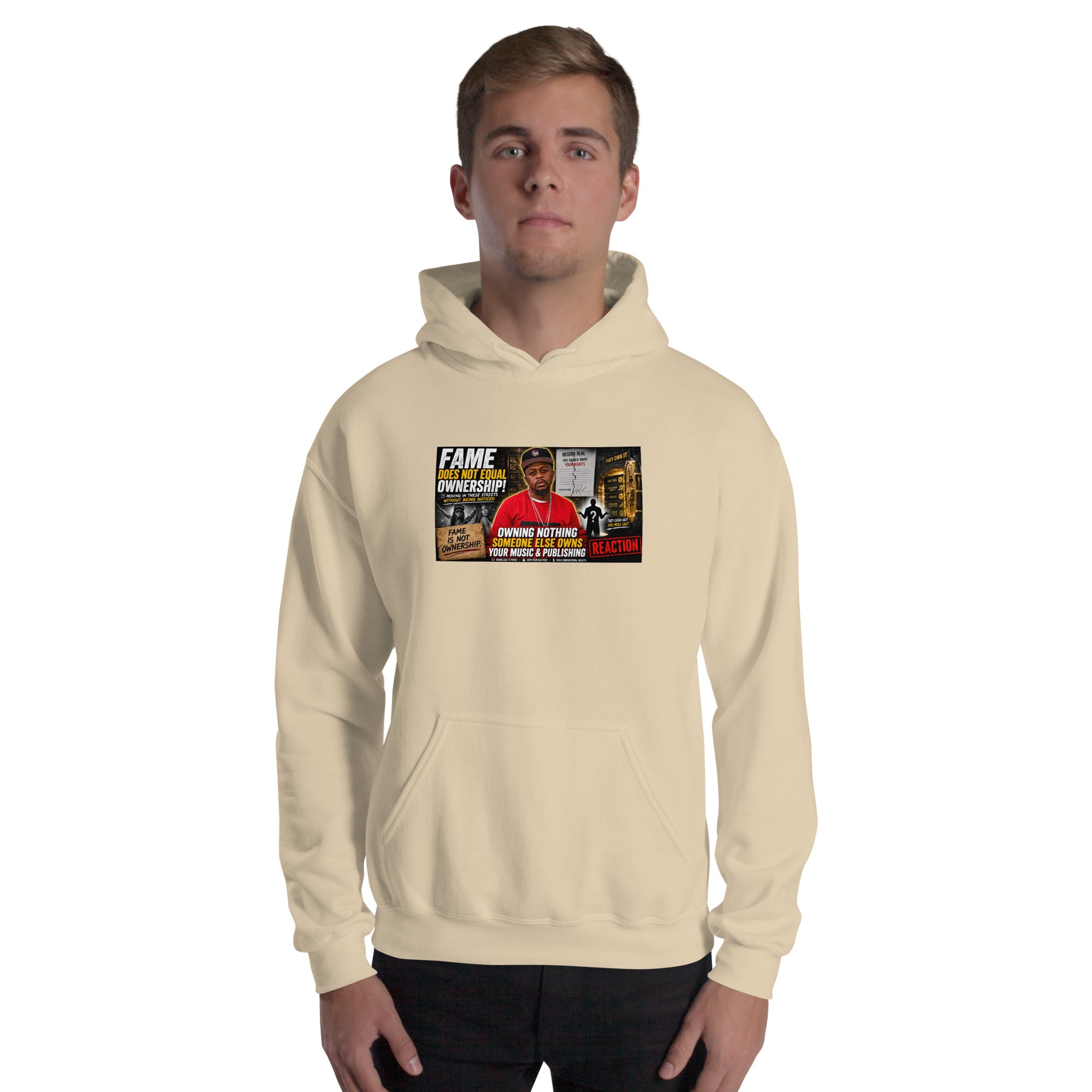 Cream unisex hoodie with front graphic print, kangaroo pocket, and hood drawstrings